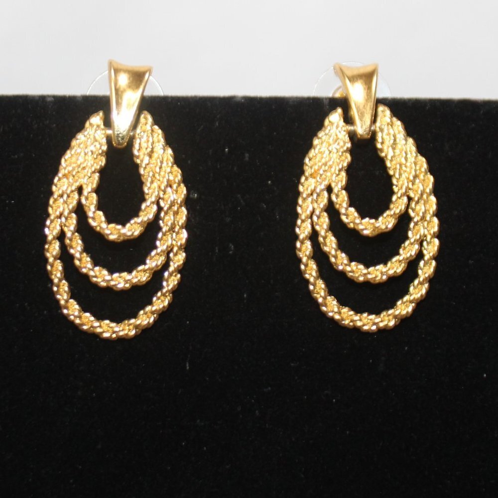 Gold Tone Three Tier Rope Dangle Earrings